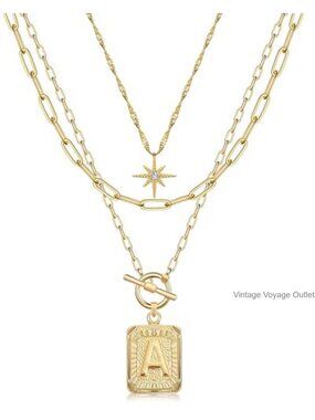 Layered Initial Necklace Set Paperclip Chain 14K Gold Plated
